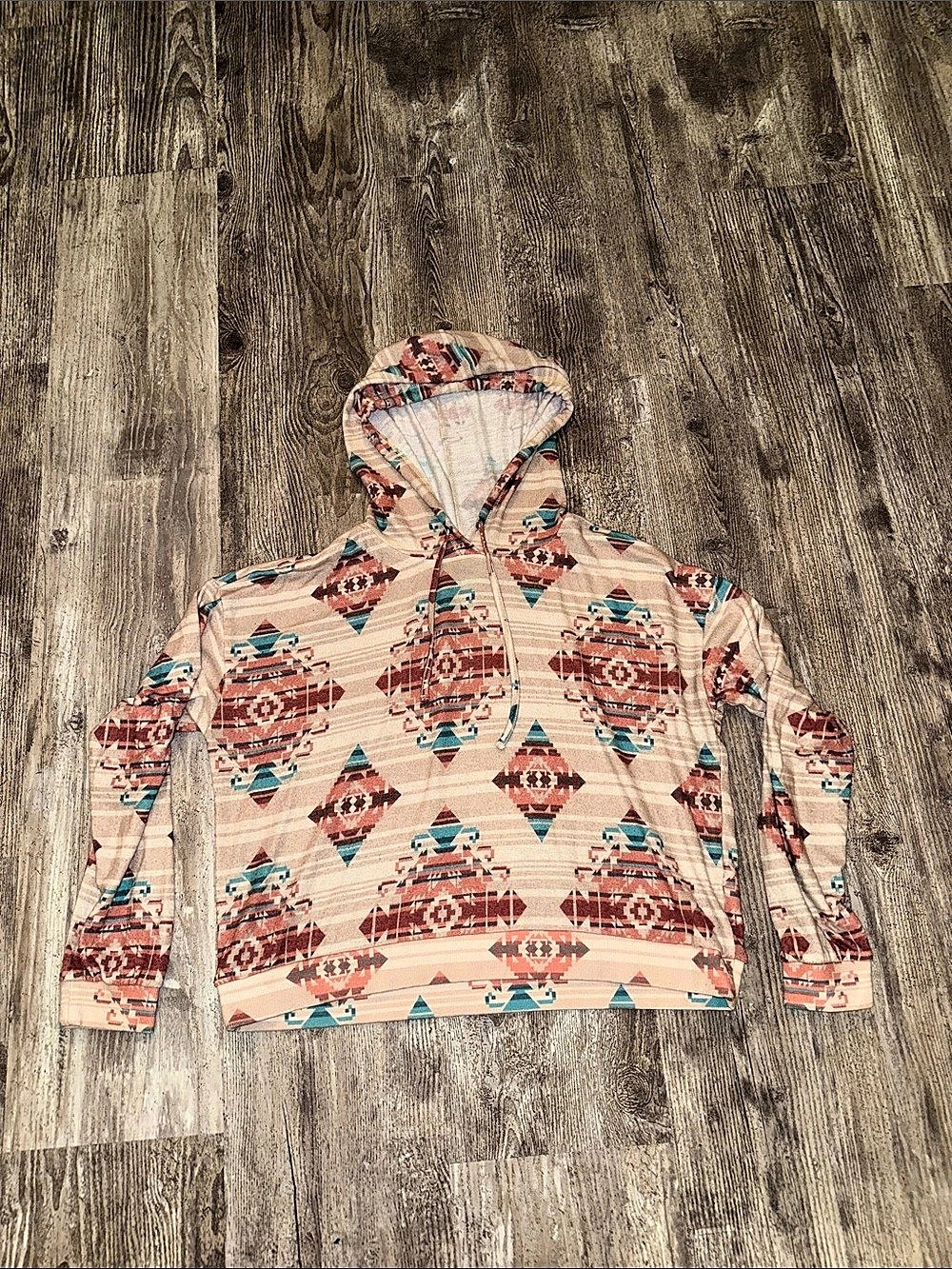 Rock & Roll Denim Geometric Pullover Hoodie in Pink & Blue Size XL